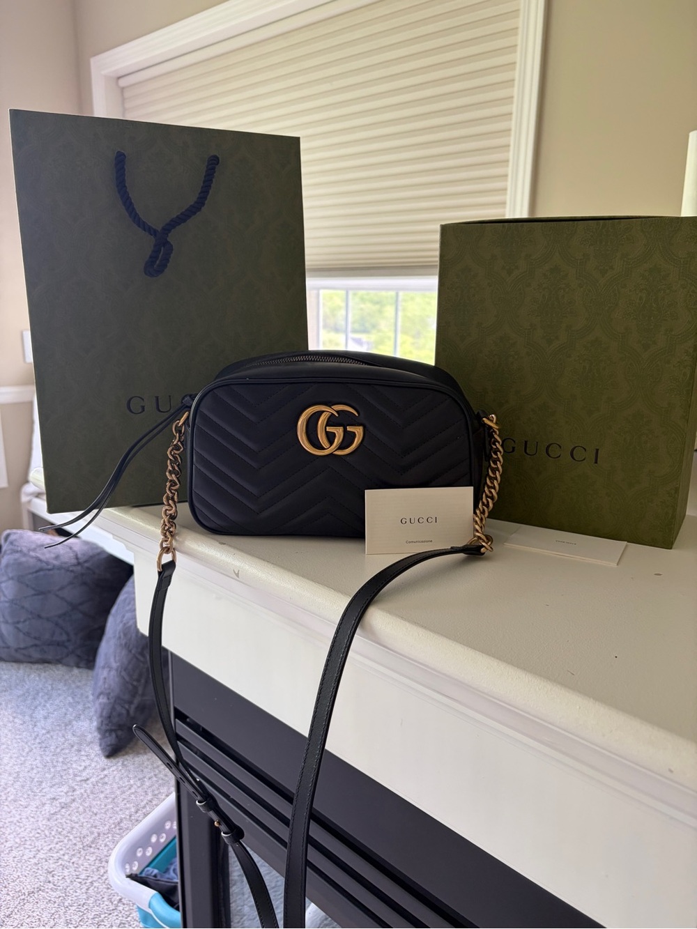 Gucci Black Matelassé GG Marmont Small Crossbody Bag with Gold Hardware